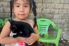 Girl and black kitten.